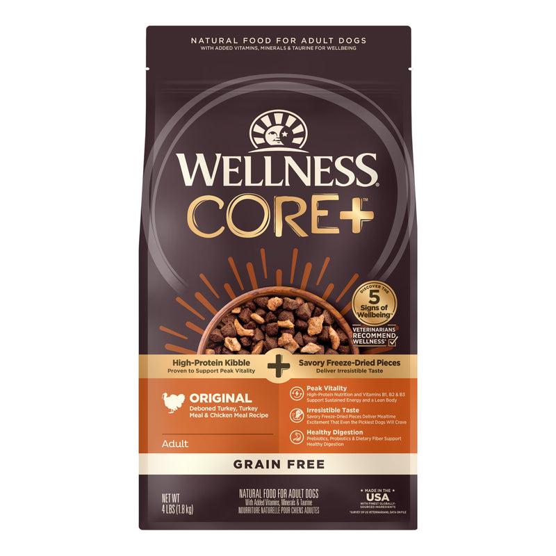 Wellness CORE+ (Formerly RawRev) Dry Dog Food with Freeze Dried Pieces, Grain Free, High Protein, Natural, Original Turkey & Chicken Recipe, (4-Pound Bag)