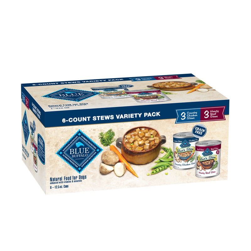 Blue Buffalo Blue's Stew Natural Wet Dog Food, Made with Natural Ingredients, Hearty Beef and Country Chicken Variety Pack, 12.5-oz Cans, 6 Count