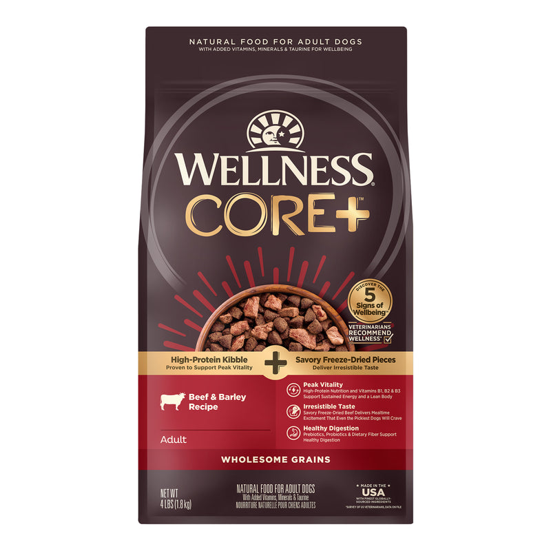 Wellness CORE+ (Formerly RawRev) Dry Dog Food with Freeze Dried Pieces, Wholesome Grains, High Protein, Natural, Beef & Barley Recipe, (4-Pound Bag)
